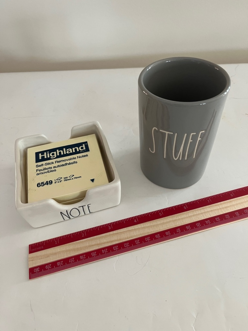 Rae Dunn Gray Ceramic 'STUFF' Crock & white sticky ‘NOTE’ holder